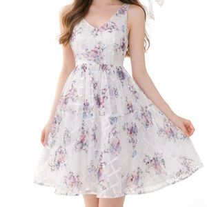 Maeve White Peony Garden Pink Blue V Neck Sleeveless Mini Dress Lattice Small